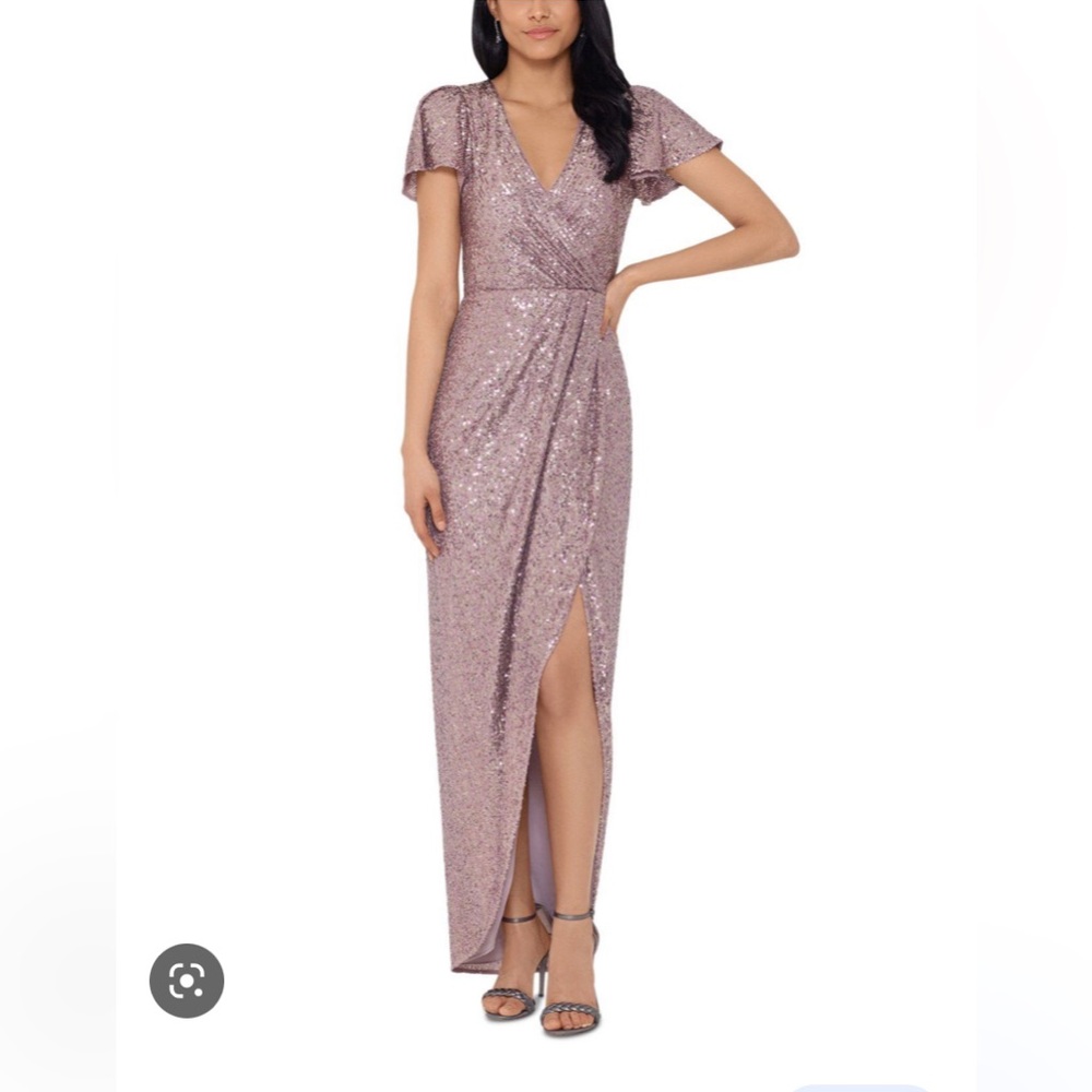 Xscape Sequin Wrap Dress - short-sleeve maxi